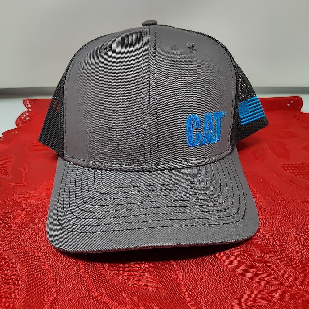 CAT Caterpillar Trucker Hat Men's Adjustable Gray Ring Power Mesh American Flag